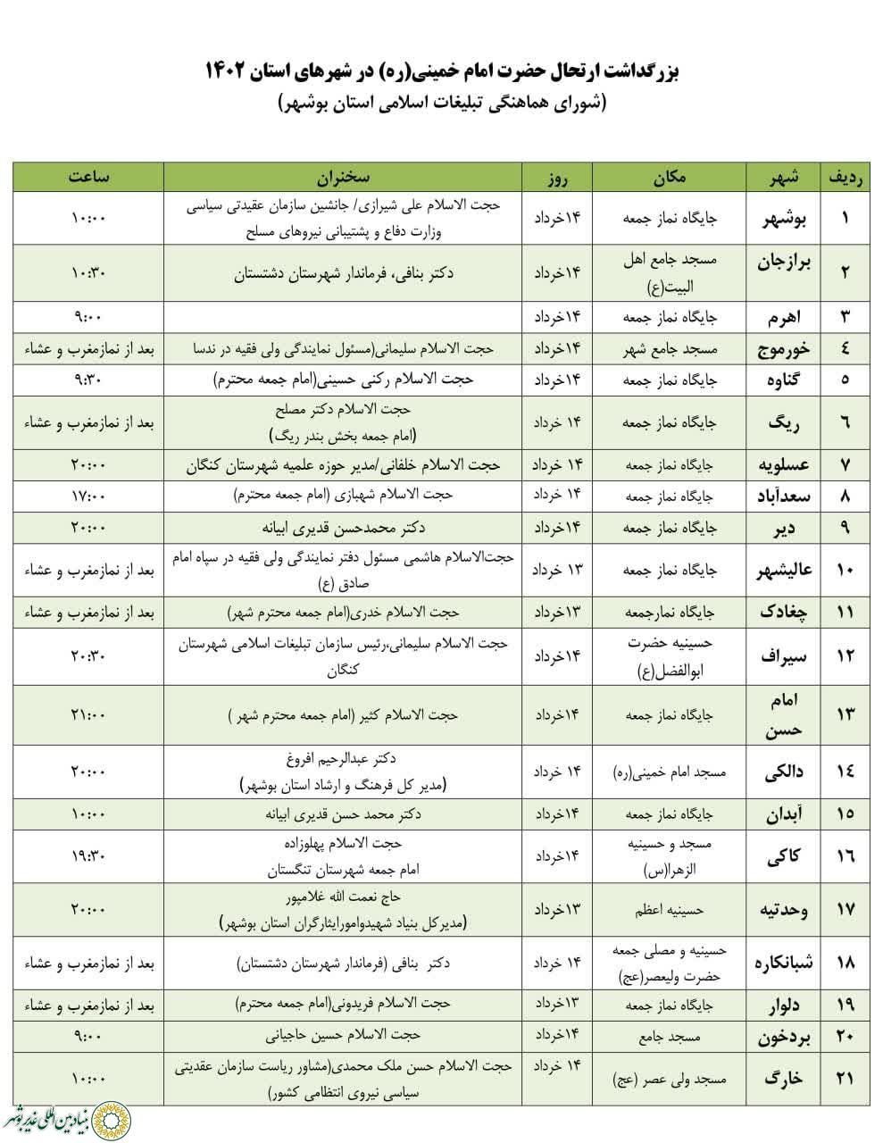 بوشهر؛جدول مراسم ارتحال امام خمینی”ره”